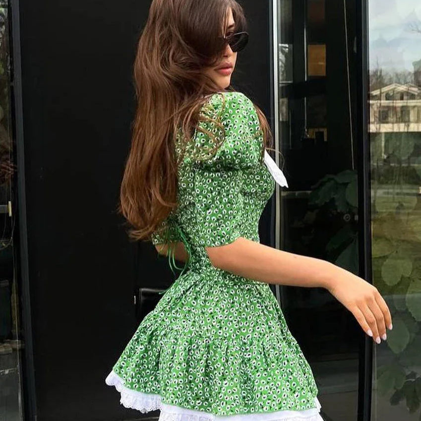 Clacive Summer Slim Print Women'S Dress Bodycon Doll Collar Short Sleeve Mini Dresses Elegant Lace Patchwork Female Dress