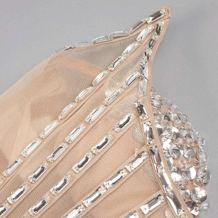 Nude Crystal Tassels Maxi Long Dress Strapless See Through Mesh Sequins Maxi Bodycon Celebrity Party Cocktail Evening Gowns