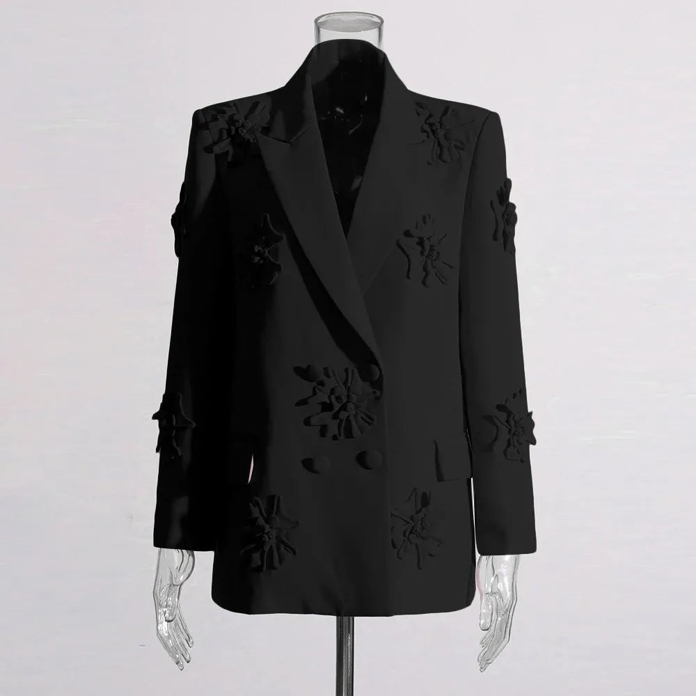 Solid Patchwork Appliques Two Piece Sets For Women Lapel Long Sleeve Coat High Waist Pant Chic Set Female Clothing BLACKTOP