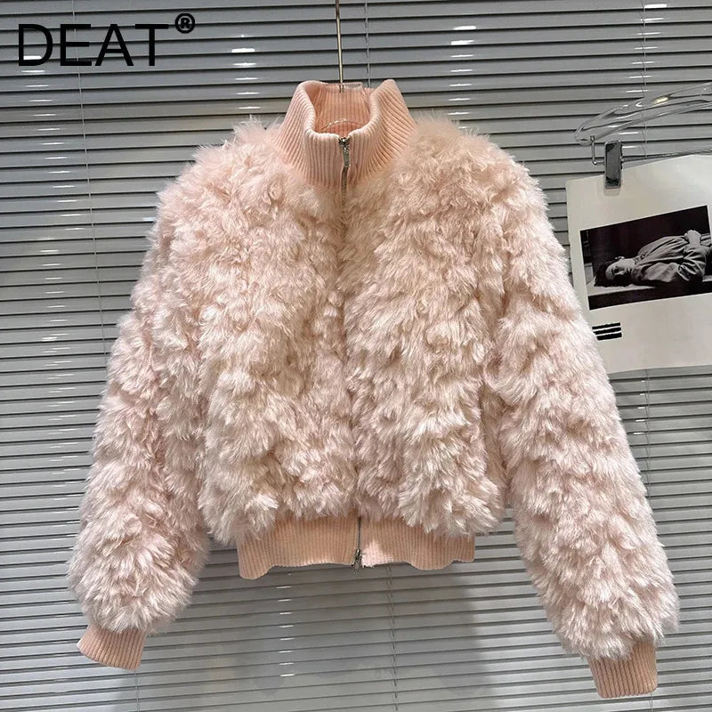 Winter New Sweet Fashion Fur Patchwork Knitted Quilted Short Coat For Women Solid Color Soft Jacket Female 11A07455