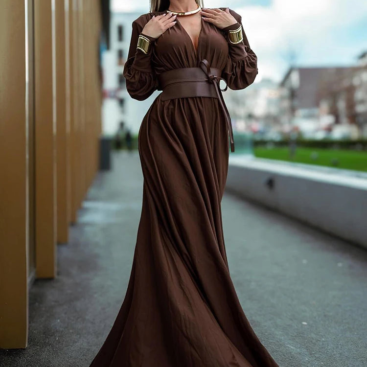 2024 Spring Fashion Dresses For Women Plunging V Neck High Waist Belt Long Sleeves Wedding Party Dress Brown Gowns