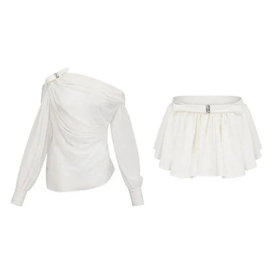 Solid Loose Two Piece Sets for Women Diagonal Neck Long Sleeves Spliced Bow Top Patchwork Ruffles Skirt Female New WHITE