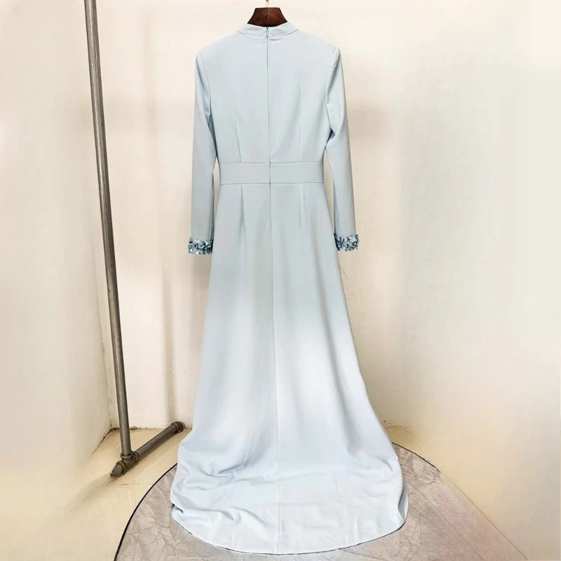 Solid Slimming Spliced Sequins Elegant Dresses for Women High Neck Long Sleeves Hollow Out Long Dress Female New