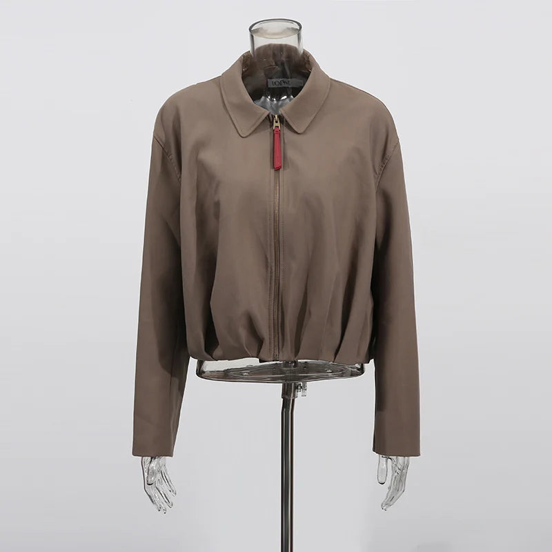 Fashion Casual Two Piece Sets for Women Lapel Long Sleeves Patchwork Zipper Top High Waist Wide Leg Pant Set Female