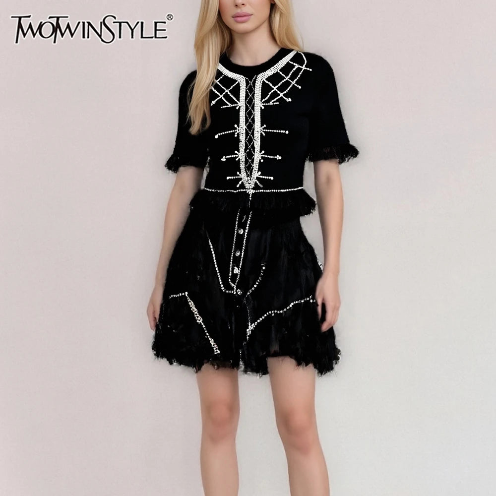 Slimming Spliced Diamond Elegant T Shirts for Women Round Neck Short Sleeves Patchwork Tassels Tees Femlae Fashion