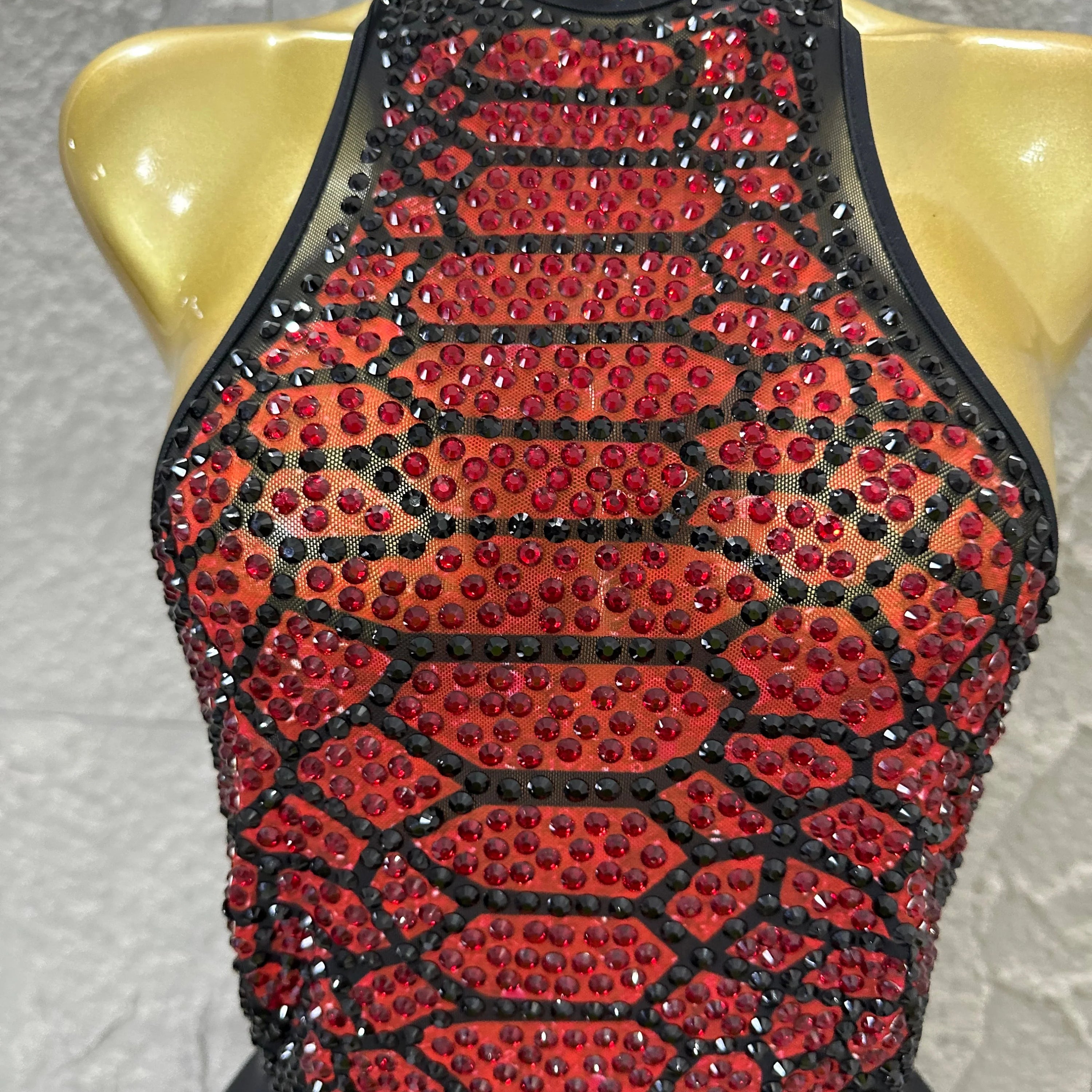 Luxurious Rhinestone Opulent Maxi Dress Women Halter Neck Sheer Mesh Black Red Crystal Embellished Stage Gown