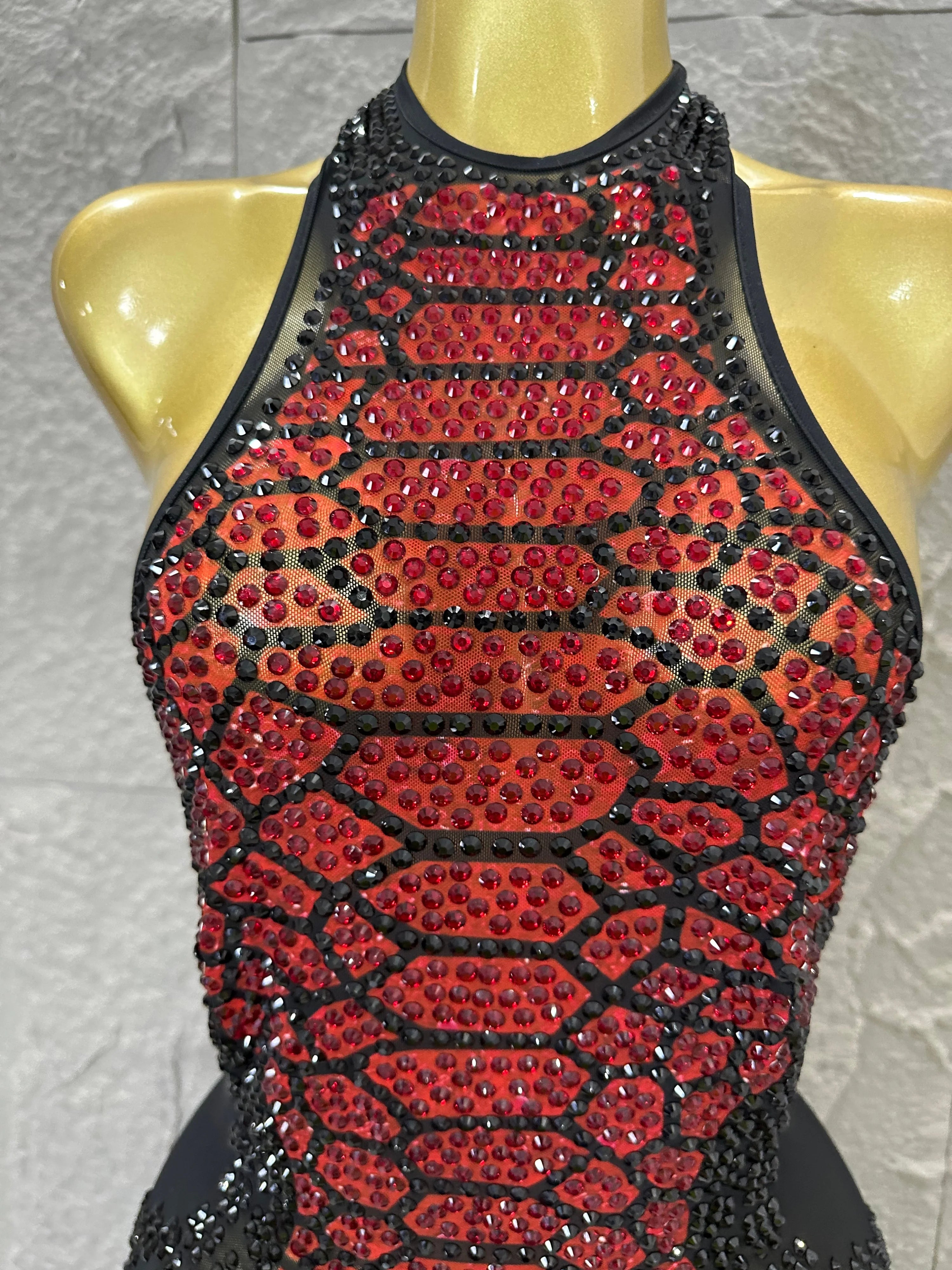 Luxurious Rhinestone Opulent Maxi Dress Women Halter Neck Sheer Mesh Black Red Crystal Embellished Stage Gown
