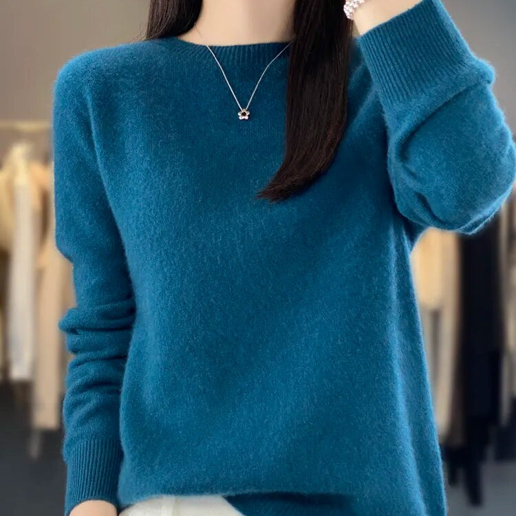 Women 100% Pure Merino Wool Knitted Sweater Autumn Winter Fashion O-Neck Top Cashmere Warm Pullover Seamless Jumper Clothes Seaweed Blue