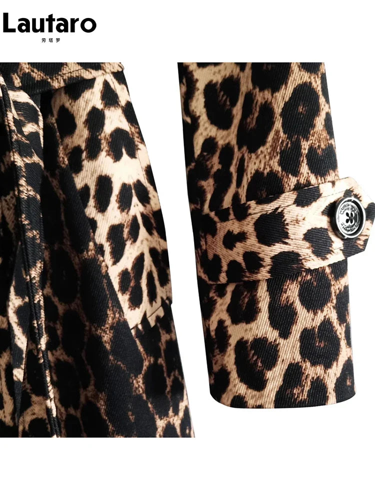 Spring Autumn Long Stylish Leopard Print Trench Coat for Women Belt Double Breasted Casual Luxury Designer Clothes 2023