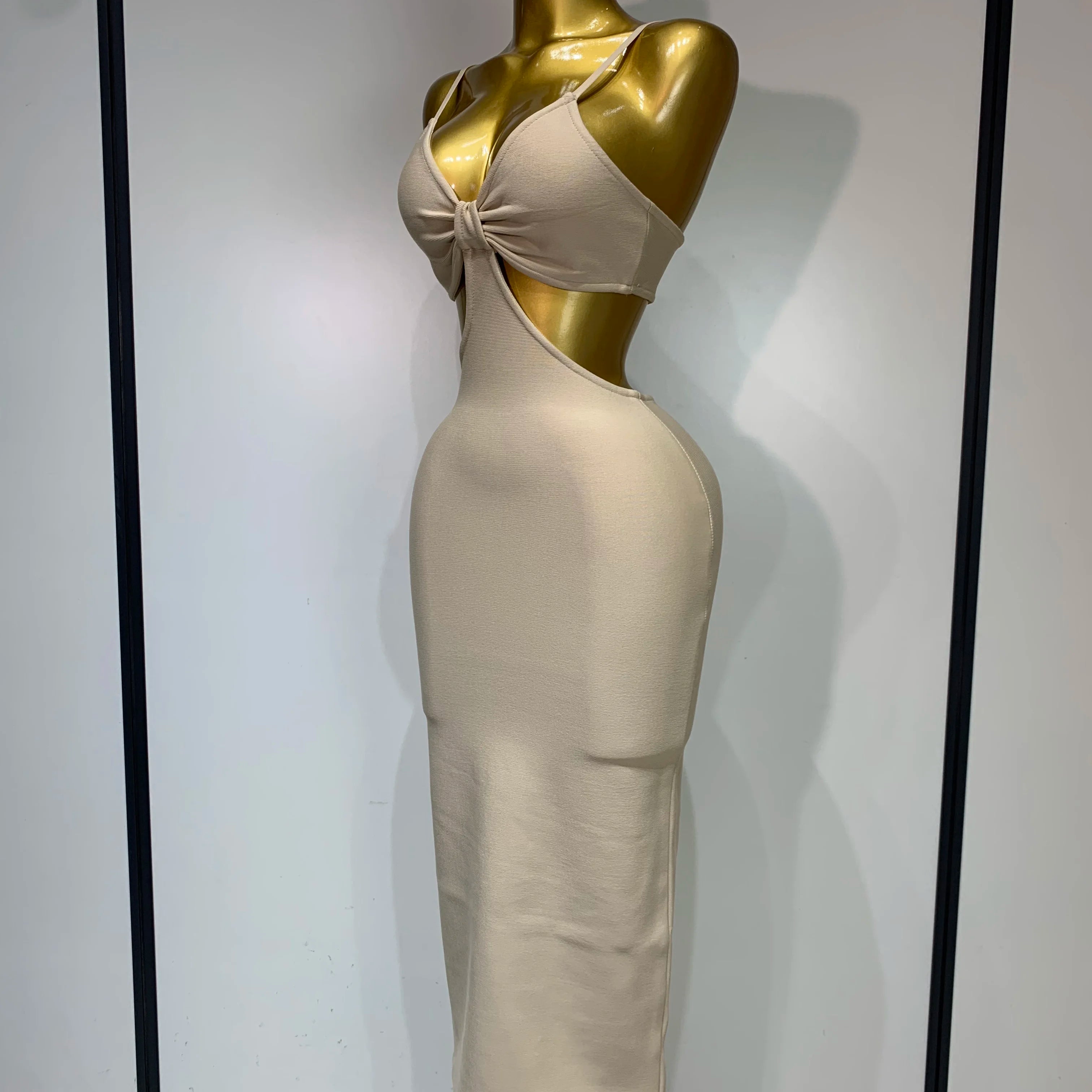 Women Sexy V Neck Backless Khaki Bodycon Bandage Dress 2025 Celebrity Elegant Evening Club Party Luxury Birthday Dress