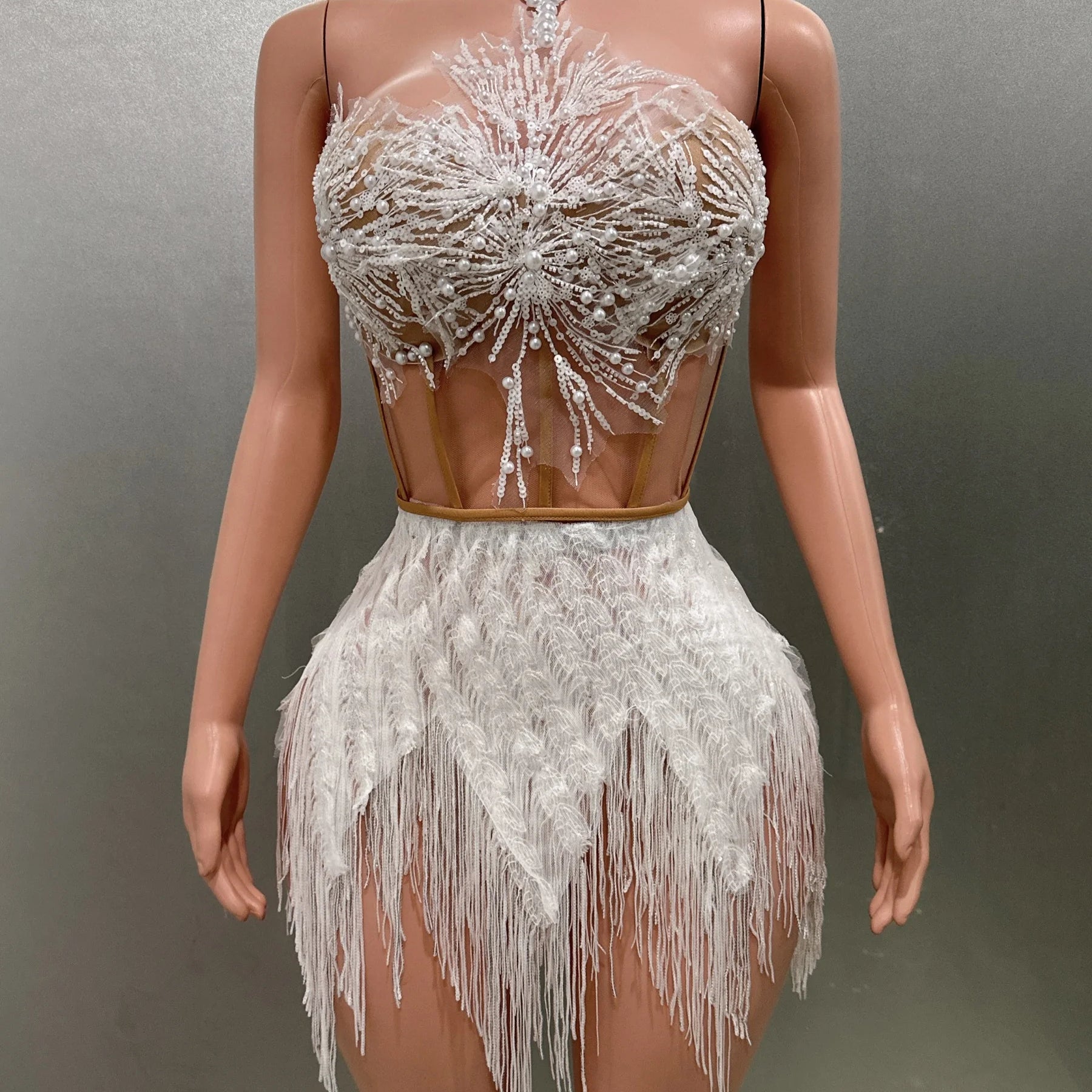 Shinning Sequins Tassels Sexy Halter Off the Shoulder 2 Pieces Bodycon Mini Dress Fashion Nightclub Party Performance Costume WHITE