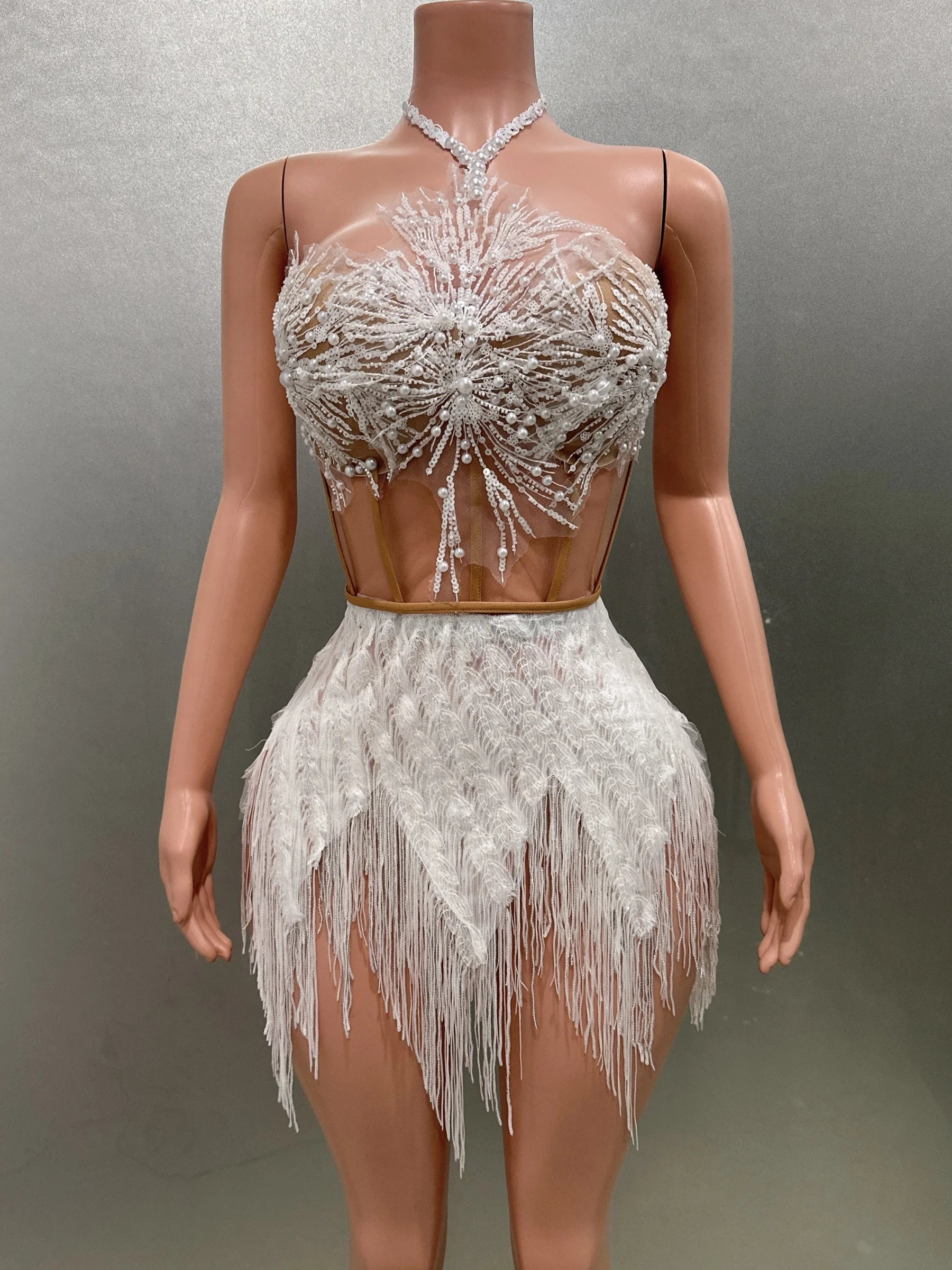 Shinning Sequins Tassels Sexy Halter Off the Shoulder 2 Pieces Bodycon Mini Dress Fashion Nightclub Party Performance Costume WHITE