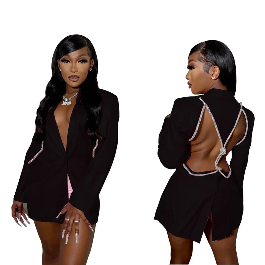 Women Elegant Cutout Long Sleeve One Button Long Sleeve Notched Neck Blazer Street INS Splicing Blazers Outfits Tops black