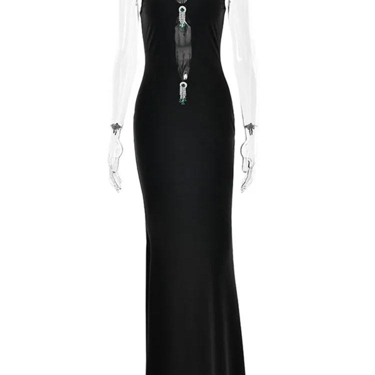Mozision Hollow Out Pearl Tassel Sexy Maxi Dress For Women Black O Neck Sleeveless High Waist Bodycon Club Party Long Dress