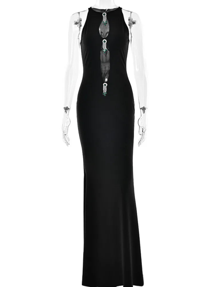 Mozision Hollow Out Pearl Tassel Sexy Maxi Dress For Women Black O Neck Sleeveless High Waist Bodycon Club Party Long Dress