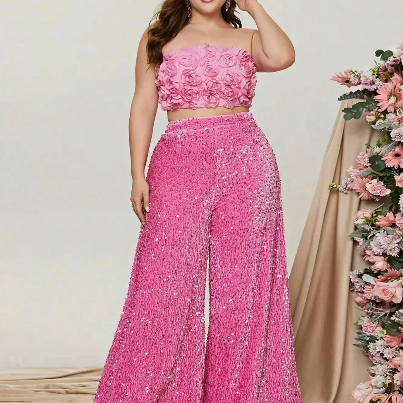 Plus Size Tube Top 3D Flower and Sequin Party Suit Pink