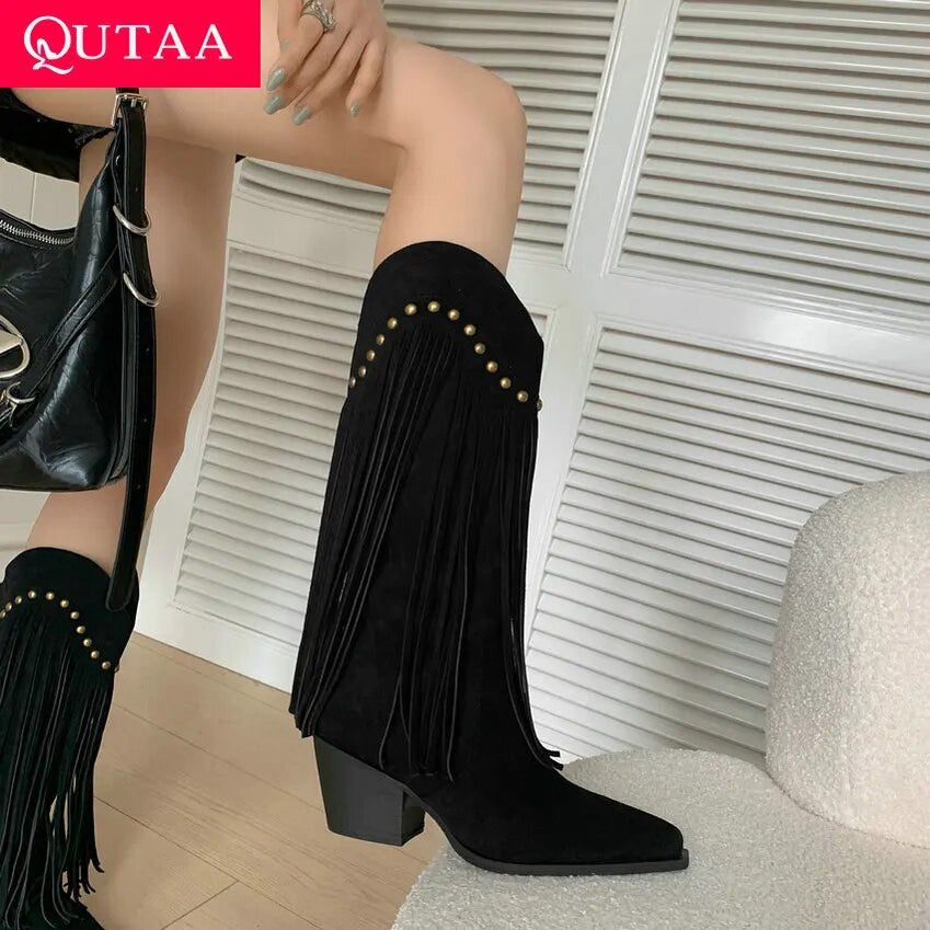 QUTAA 2024 Women Mid-Calf Boots Cow Suede Leather Thick High Heels Office Ladies Working Shoes Woman Autumn Winter Size 34-39