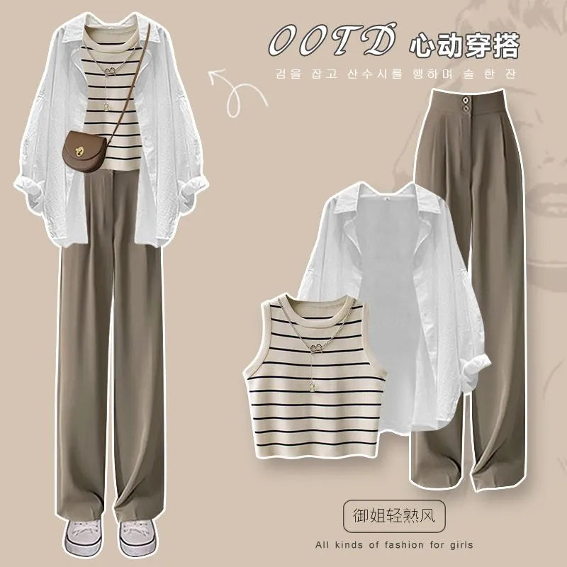 Spring and Autumn Set Women's 2024 New Large Women's Casual Shirt Knitted Tank Top High Waist Wide Leg Pants Three Piece Set Three piece set