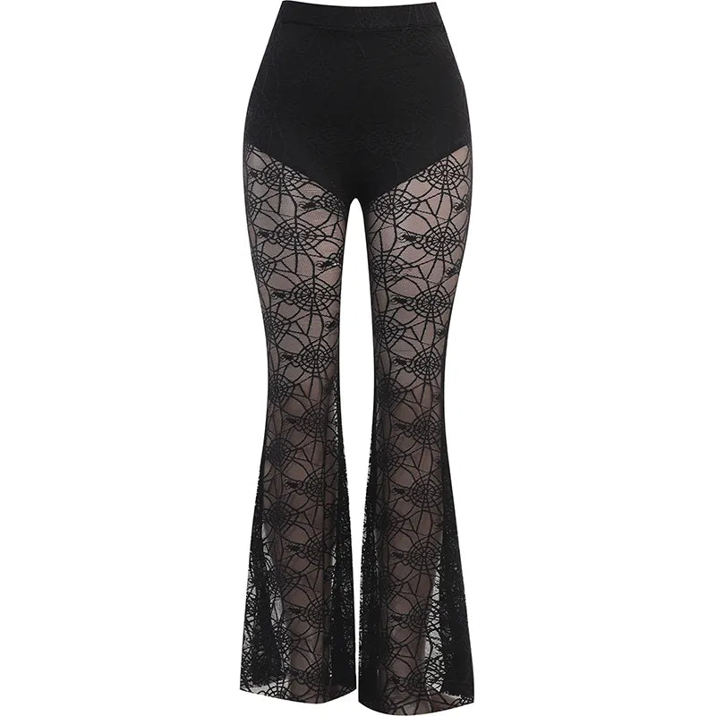 Y2K Gothic Black Lace Mesh Flared Pants Sexy Harajuku Aesthetic See Through Long Trousers Vintage Women Summer Pants Streetwear JY22522 L