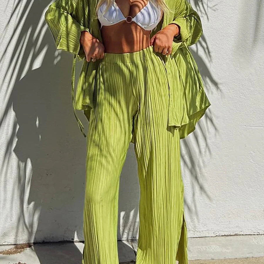 wsevypo Women Two-piece Pleated Pants Suits Casual Chic Solid Color Long Sleeve Button down Shirts and Straight Leg Trousers Set