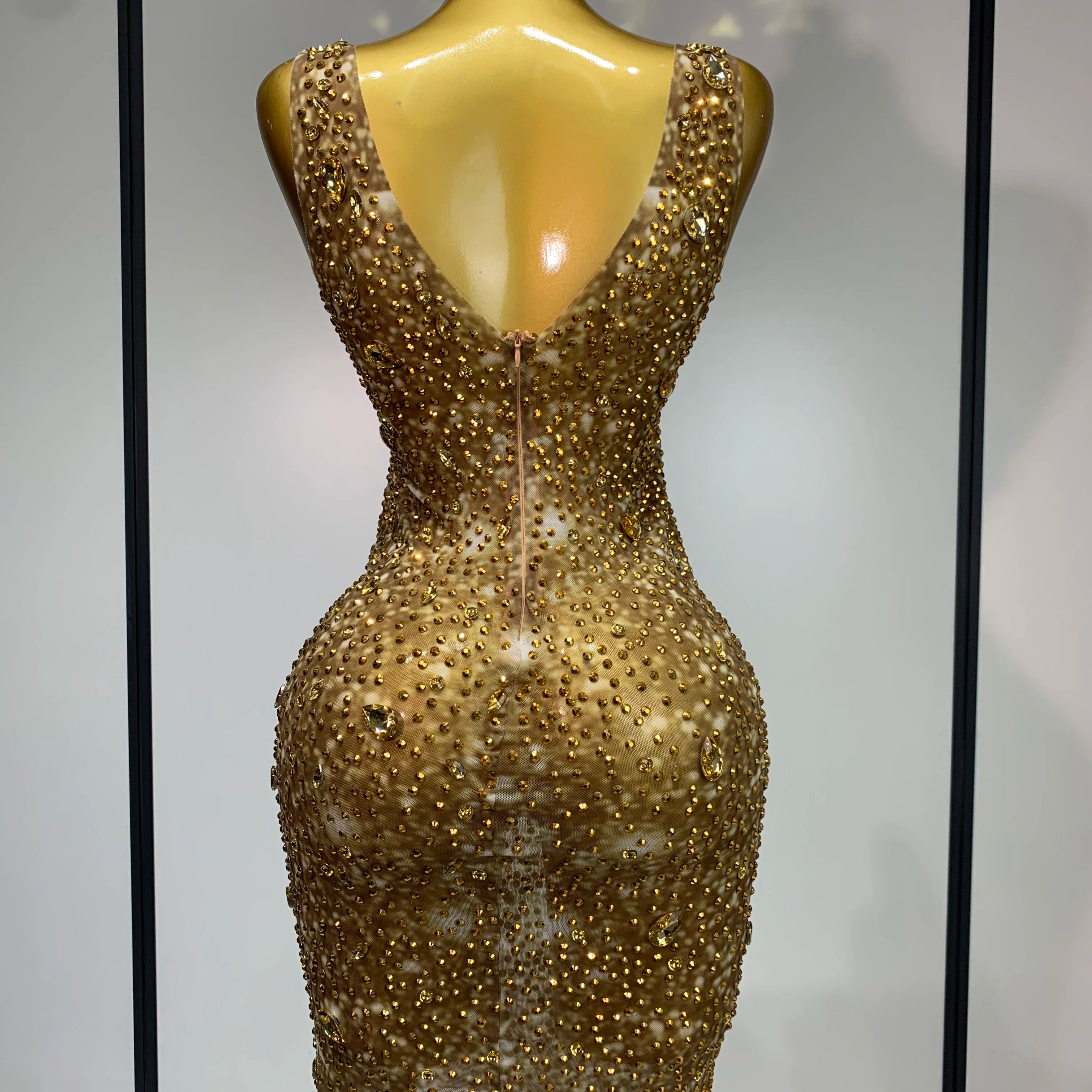 Women Sexy Stage Perform Outfit Club Gown Shining Gold Rhinestones Elegant Mesh Dress Birthday Evening Party Photoshoot Costume