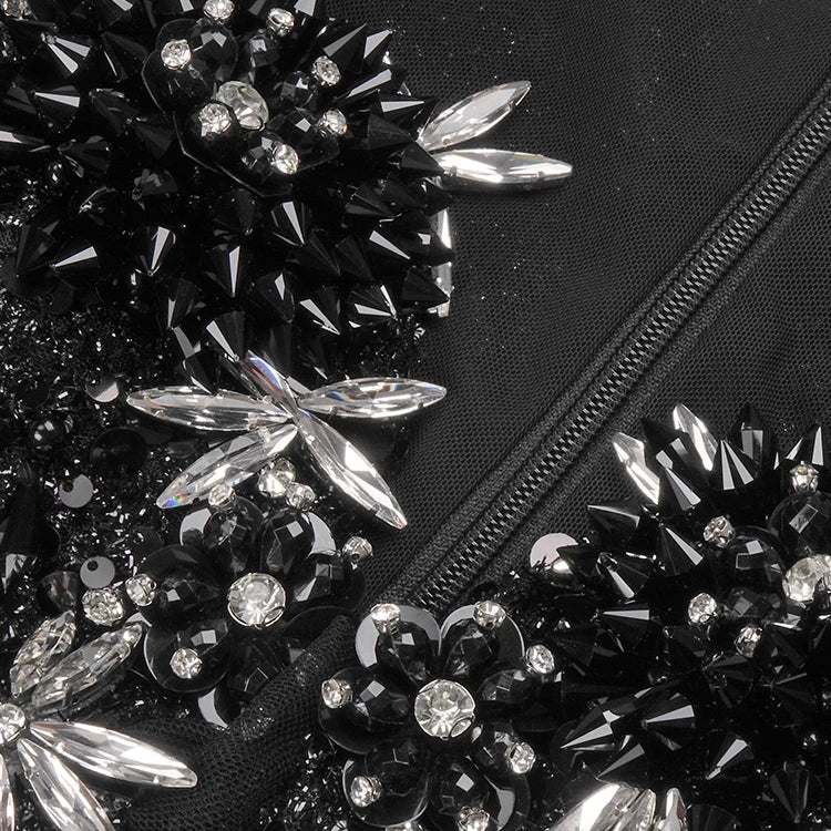 Black Sequins Sweet Heart Neckline Long Dress Hollow Out Low Cut Long Sleeves Diamond Flowers Details Bodycon Evening Gown