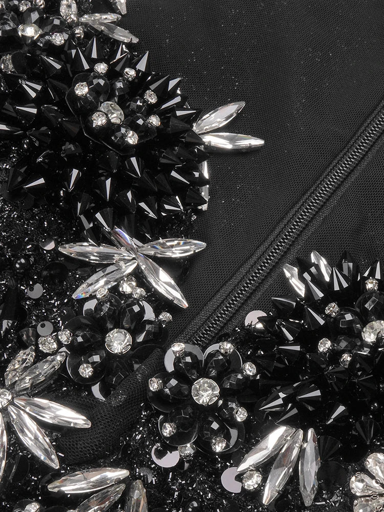 Black Sequins Sweet Heart Neckline Long Dress Hollow Out Low Cut Long Sleeves Diamond Flowers Details Bodycon Evening Gown