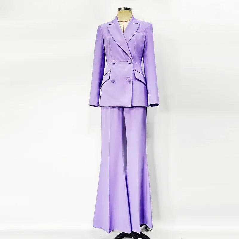 Solid Two Piece Sets for Women Notched Collar Long Sleeve Spliced Double Breasted Blazer High Waist Pant Set Female PURPLE