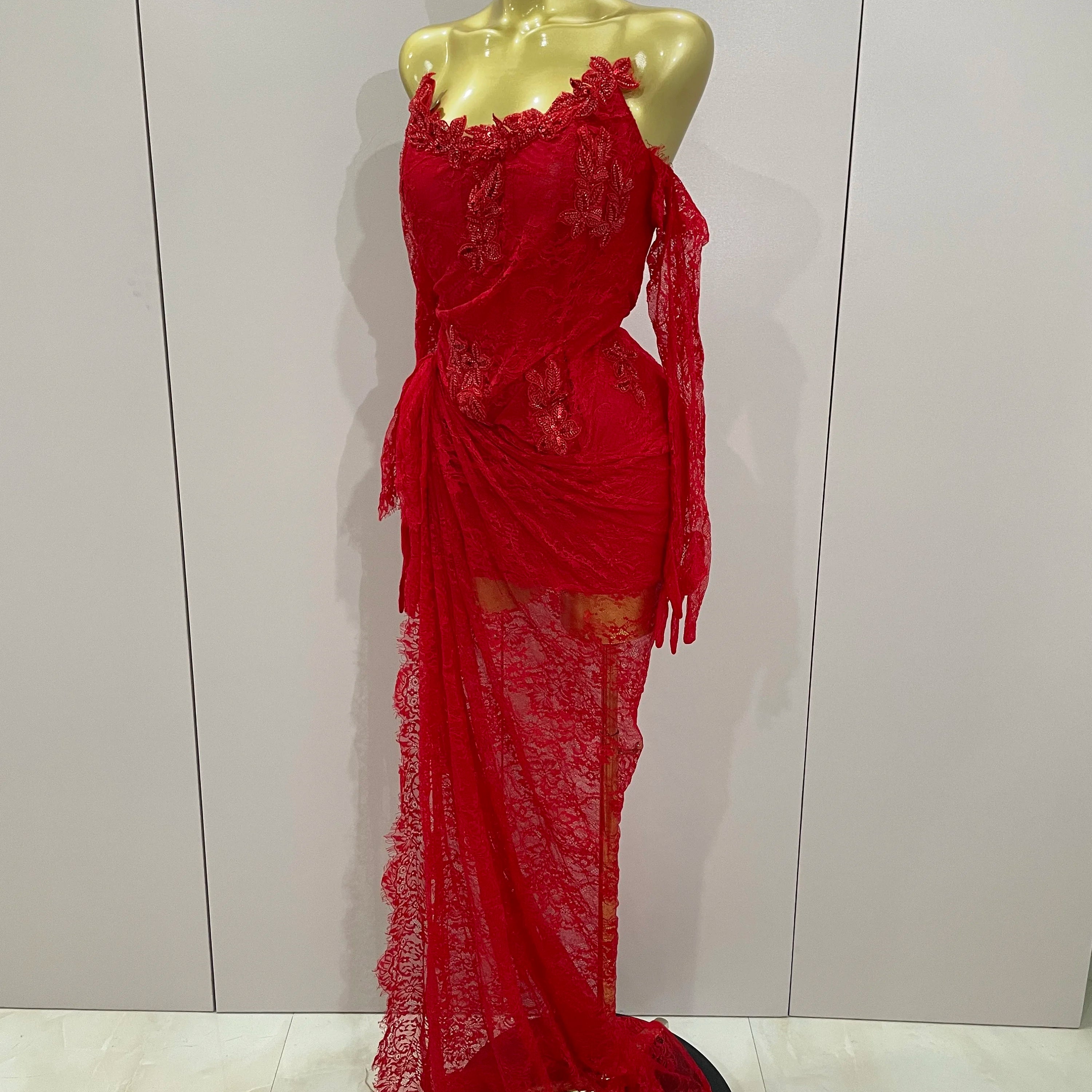 Women Sexy Strapless Backless Red Lace Split Maxi Long Bodycon Dress 2025 Celebrity Elegant Evening Club Birthday Party Outfit