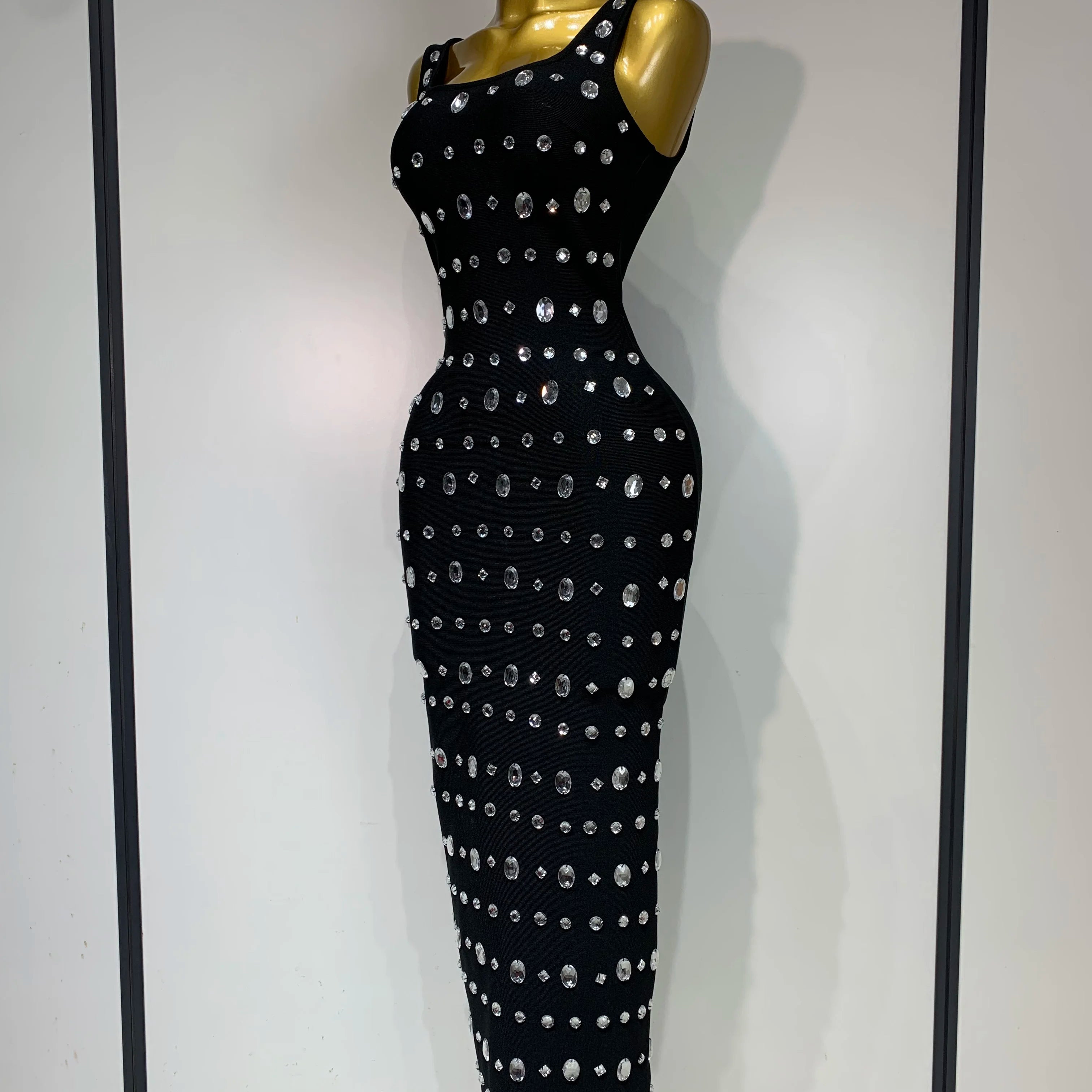 Newest 2025 Fashion Designer Women's Rhinestone Beaded Elastic Bodycon Bandage Maxi Long Dress Elegant Luxury Birthday Outfit