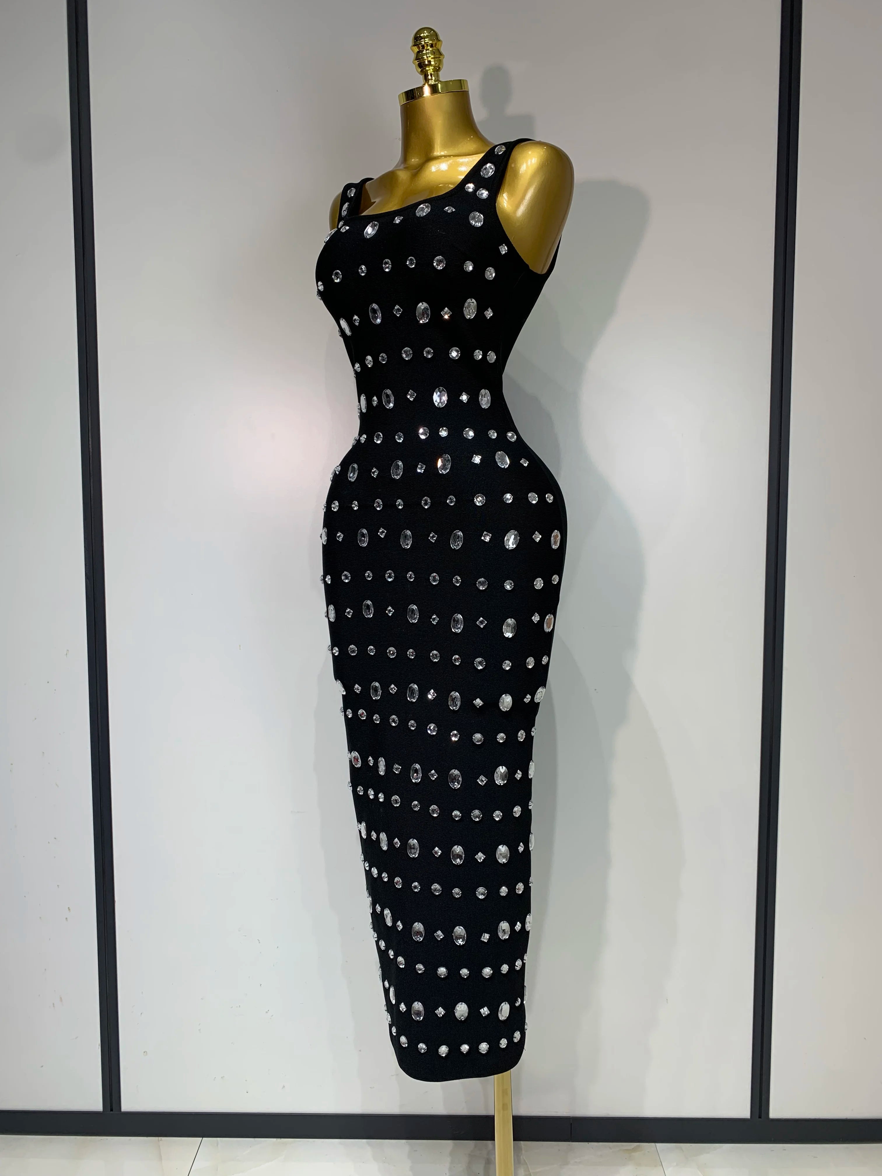 Newest 2025 Fashion Designer Women's Rhinestone Beaded Elastic Bodycon Bandage Maxi Long Dress Elegant Luxury Birthday Outfit