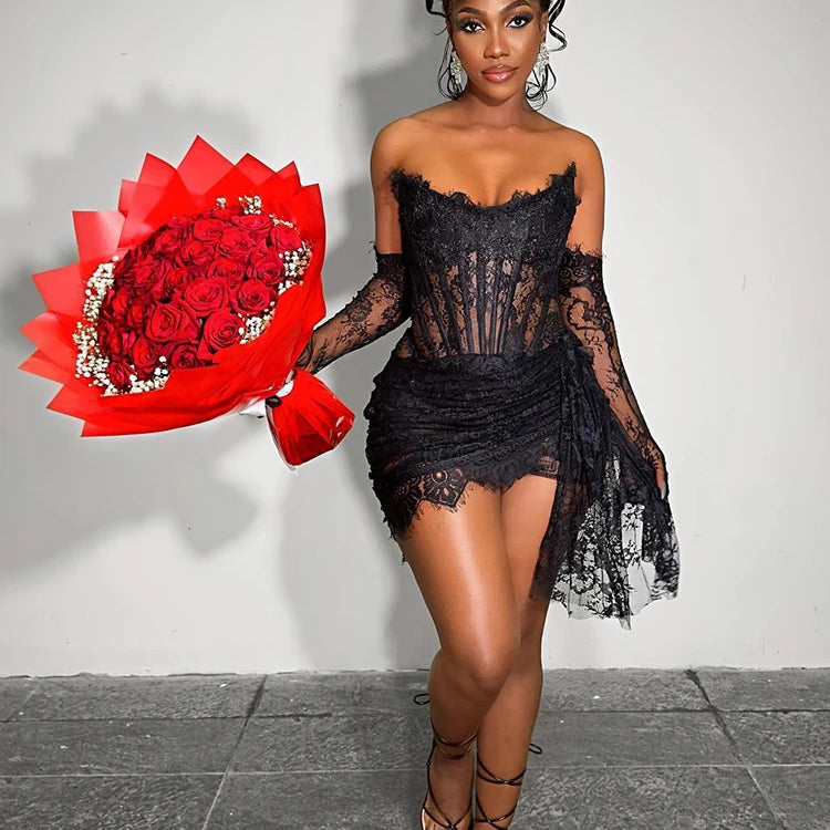Birthday Party Dresses For Women Sexy Strapless Draped Design Lace Mini Dress With Gloves Long Sleeves