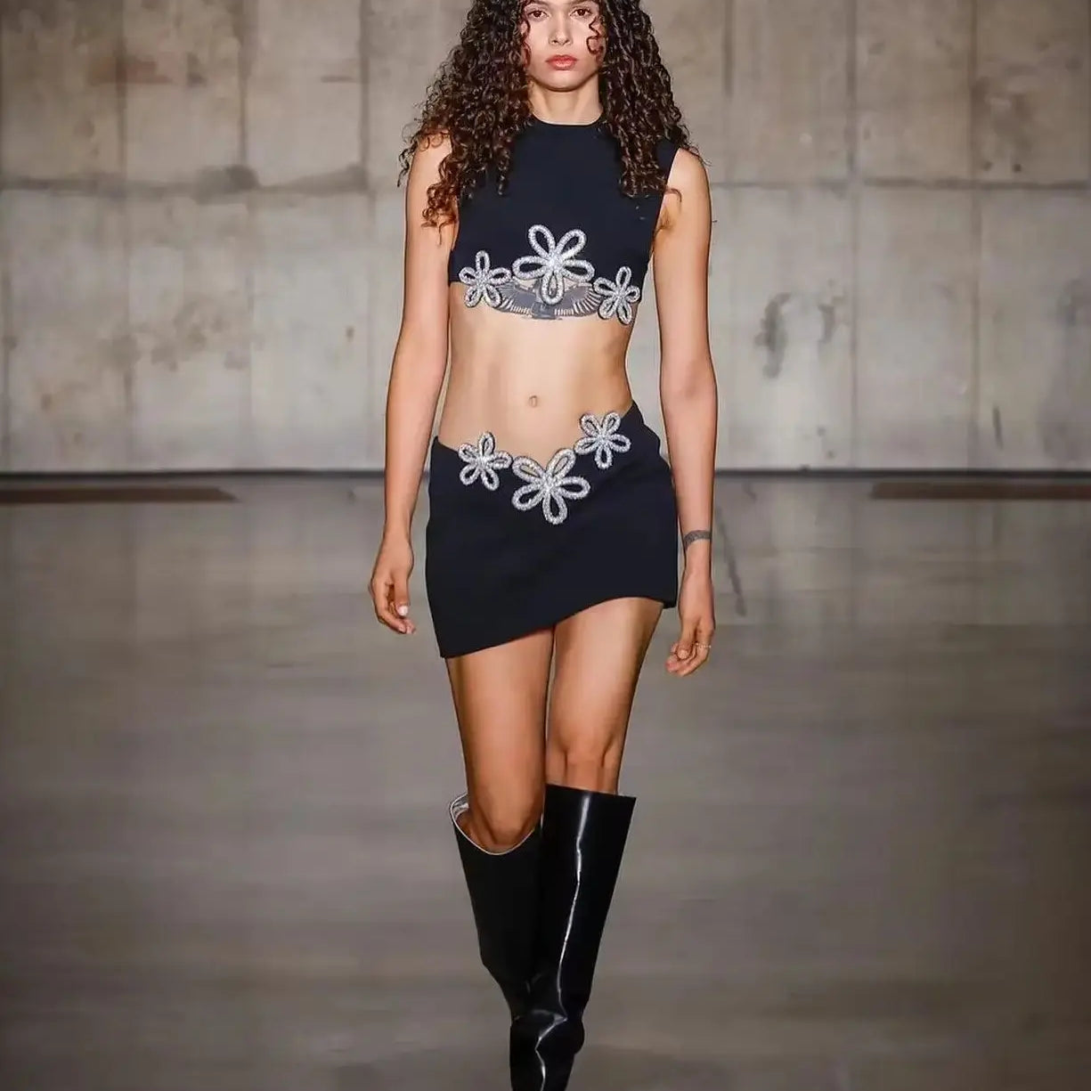 New Women Summer Celebrity Sexy Crytal Black Mini Bandage Skirt Suit Knitted Elegant Evening Club Party Two Pieces Set