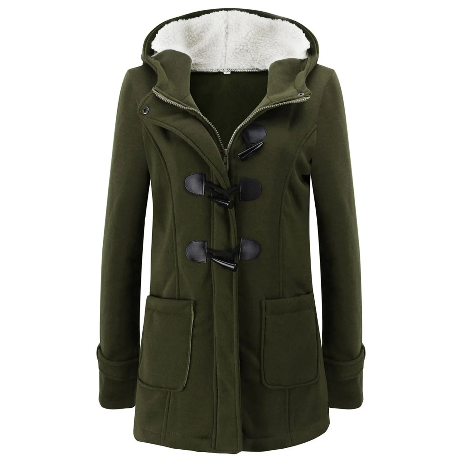 Womens Winter Coats Thicken Sherpa Lined Jacket Fashion Horn Button Hooded Outwear Warm Wool Blended Pea Coat Pockets army green