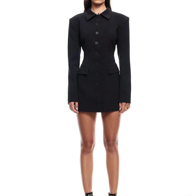 Long Sleeve Lapel Sexy Mini Dress For Women Solid Single-breasted Two Pocket High Waist Office Lady Blazer Dress black
