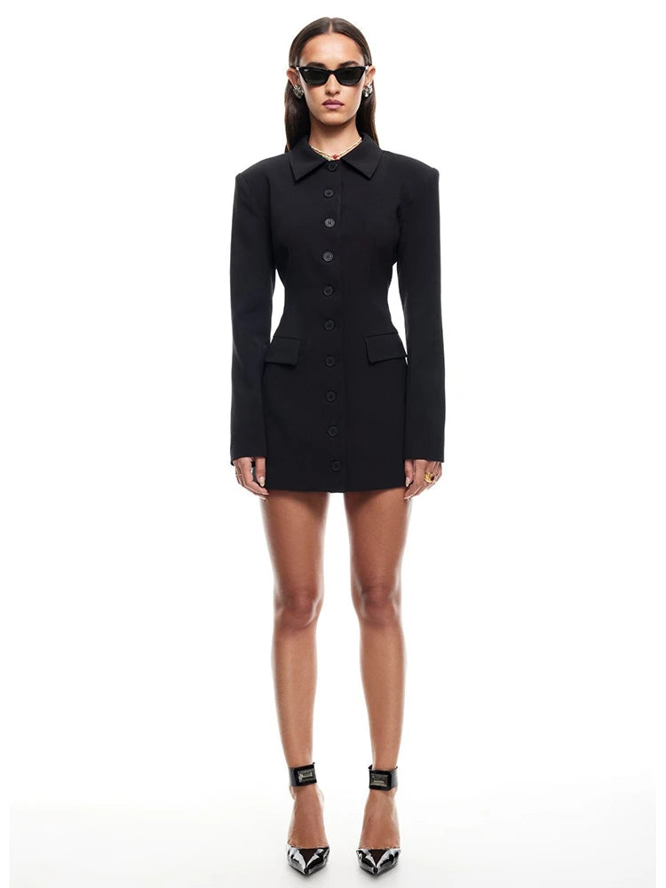 Long Sleeve Lapel Sexy Mini Dress For Women Solid Single-breasted Two Pocket High Waist Office Lady Blazer Dress black