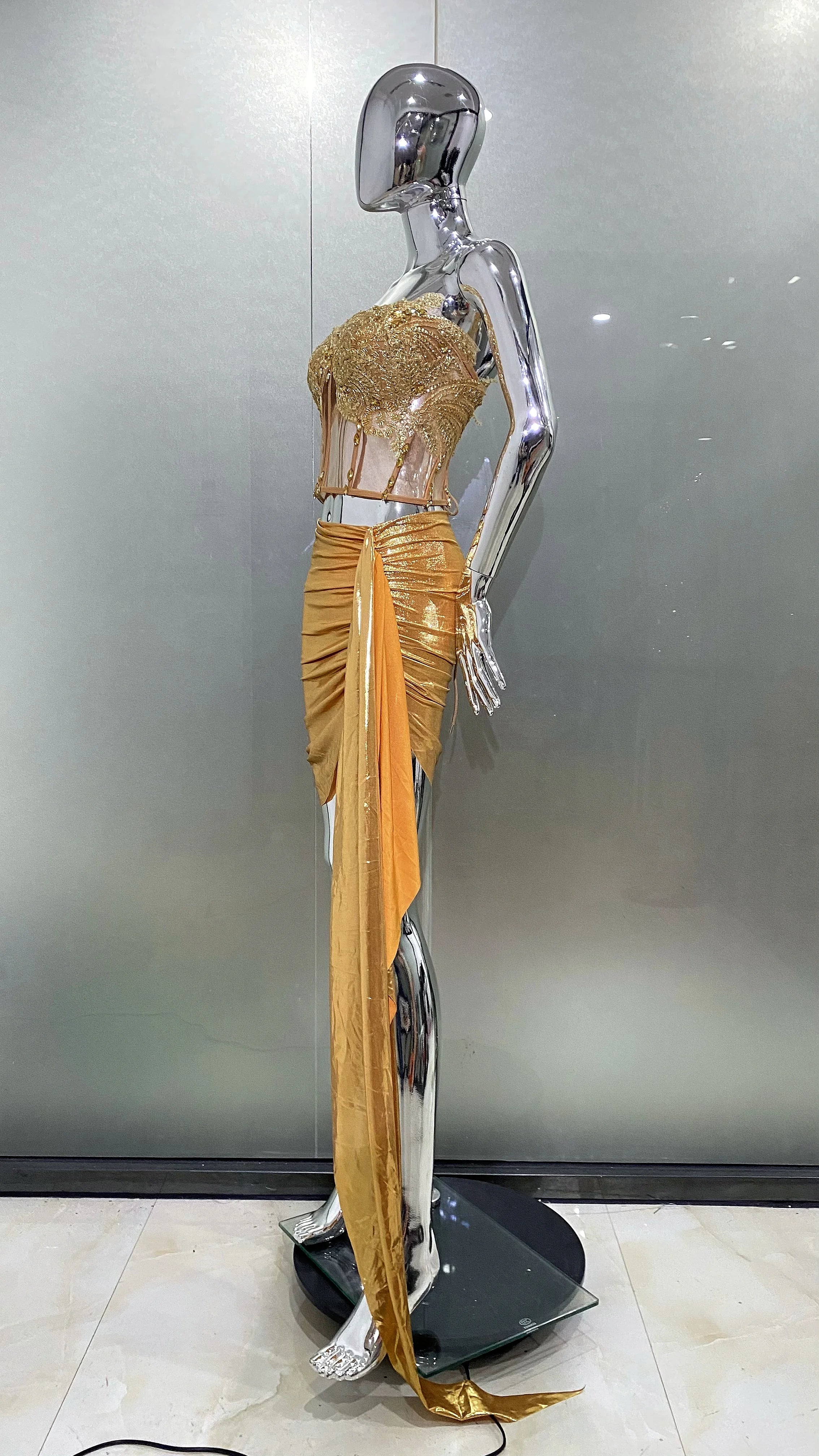 Golden Sparkling Diamonds Sexy See Through STrapless Top And Mini Skirt 2 Pieces Woman Set Party Vestido Performances Costume