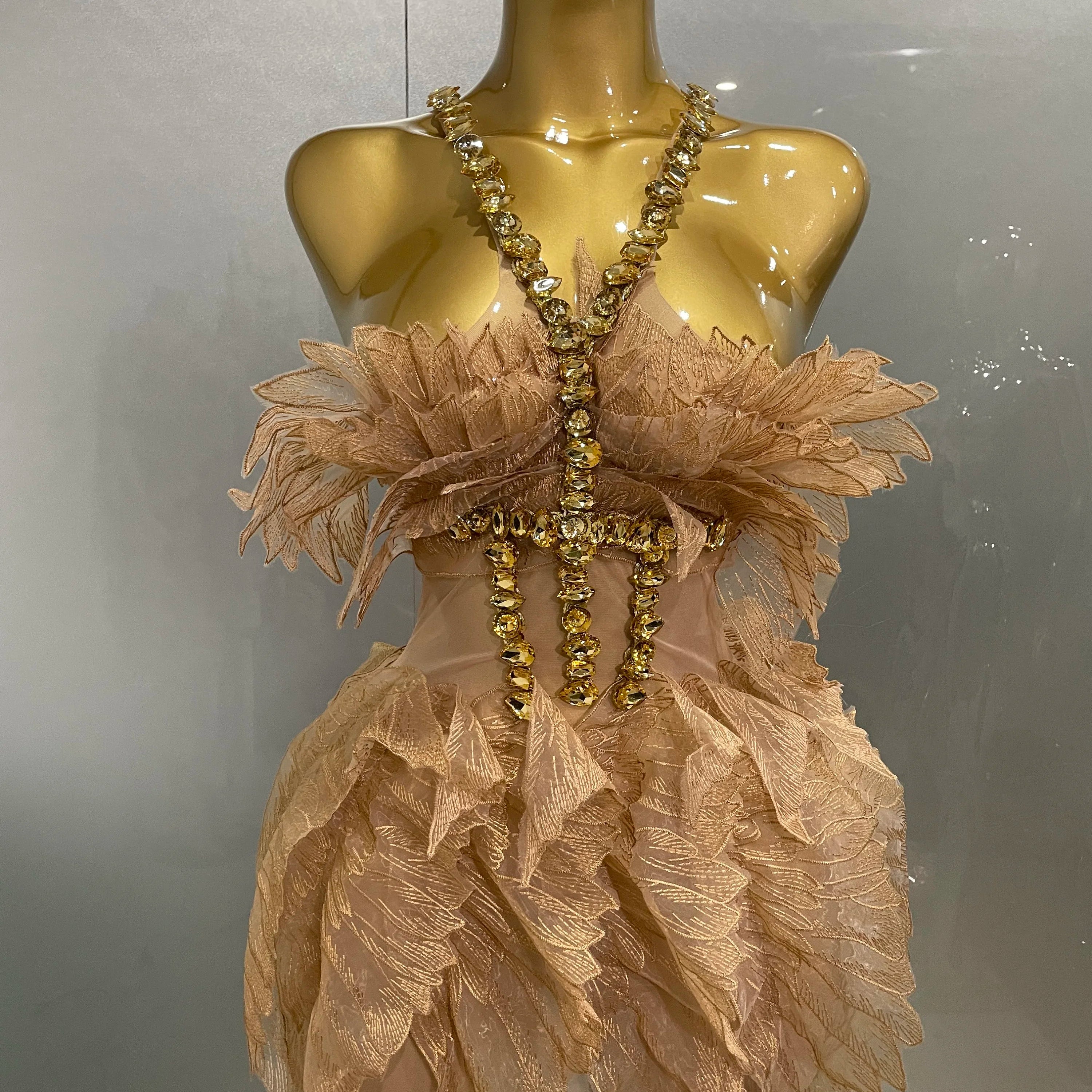 Sexy Shining Gold Crystal Transparent Wings Mini Dress 2025 Women Birthday Party Bar Nightclub Singer Stage Performance Costume Gold