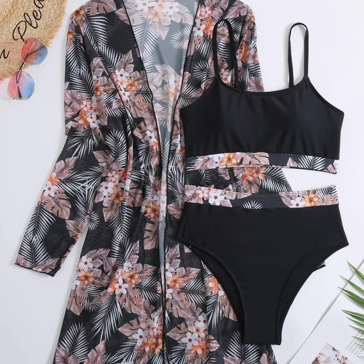 New 3 Pieces Set High Waist Bikini Women Swimsuit&Kimono Bandeau Swimwear Sexy Cover Ups Floral Beachwear Bathing Suit