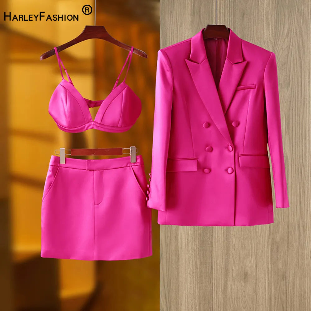 Smooth Satin Fabric Fusicha 3PCS Blazer Suit Fashion Elegant Street Mini Skirt Women Clothing