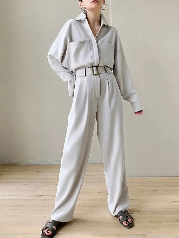 Lautaro Spring Autumn Beige Long Soft Flowy Stretchy Jumpsuit Women with Belt Black One Piece Shirt Jumpsuits for Women 2025 Off white