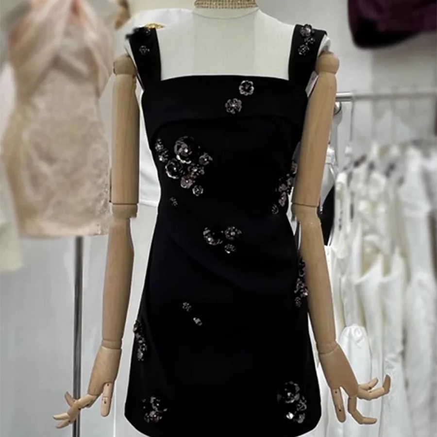 Solid Slimming Fashion Mini Dresses for Women Square Neck Sleeveless Patchwork Sequins Temperament Dress Female New