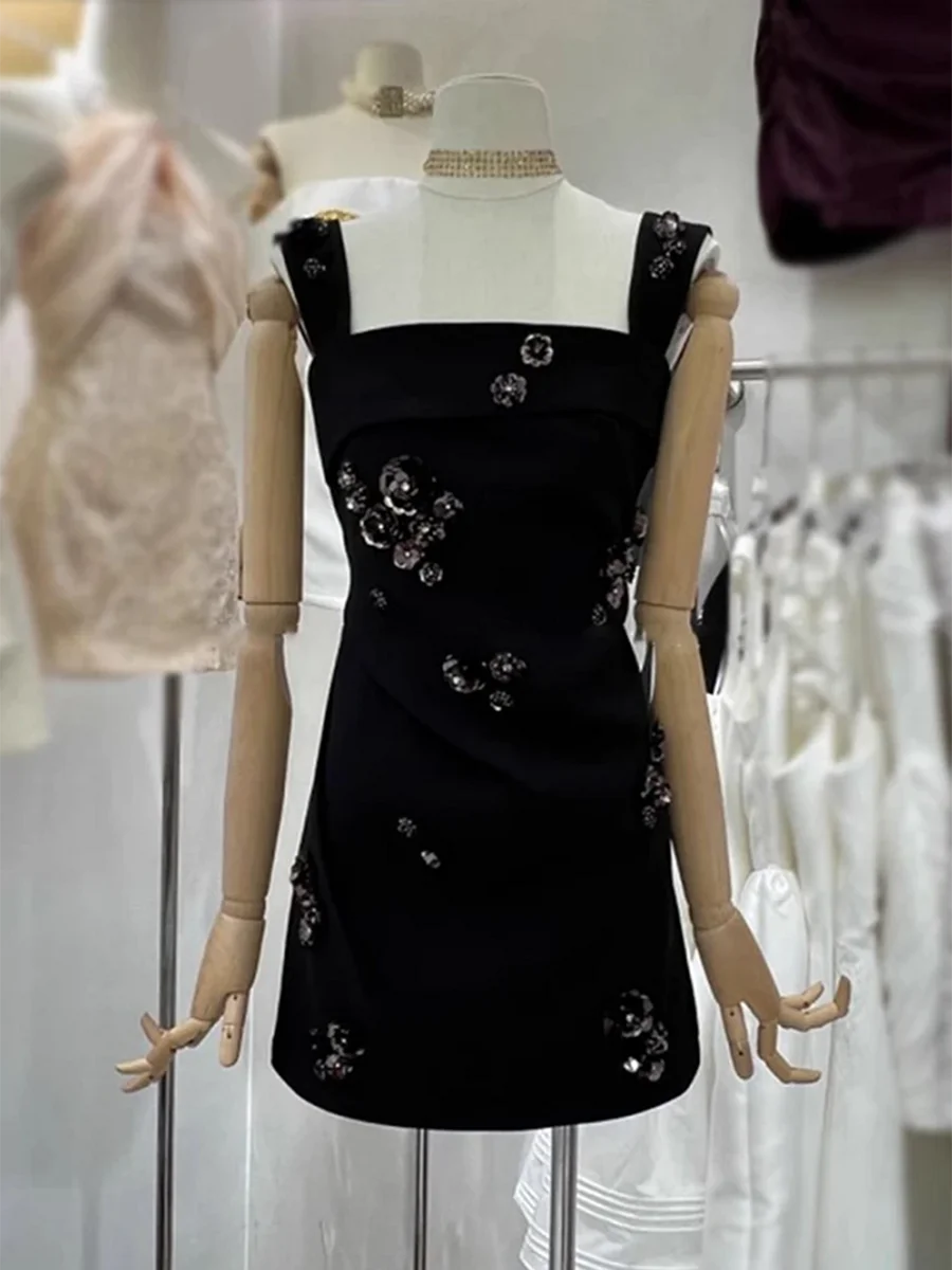 Solid Slimming Fashion Mini Dresses for Women Square Neck Sleeveless Patchwork Sequins Temperament Dress Female New