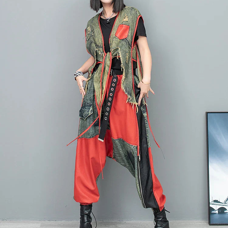 Spring Summer New Cool Distressed Denim Patchwork Irregular Vest + Hanging Crotch Pants Two-piece Set Women LX076