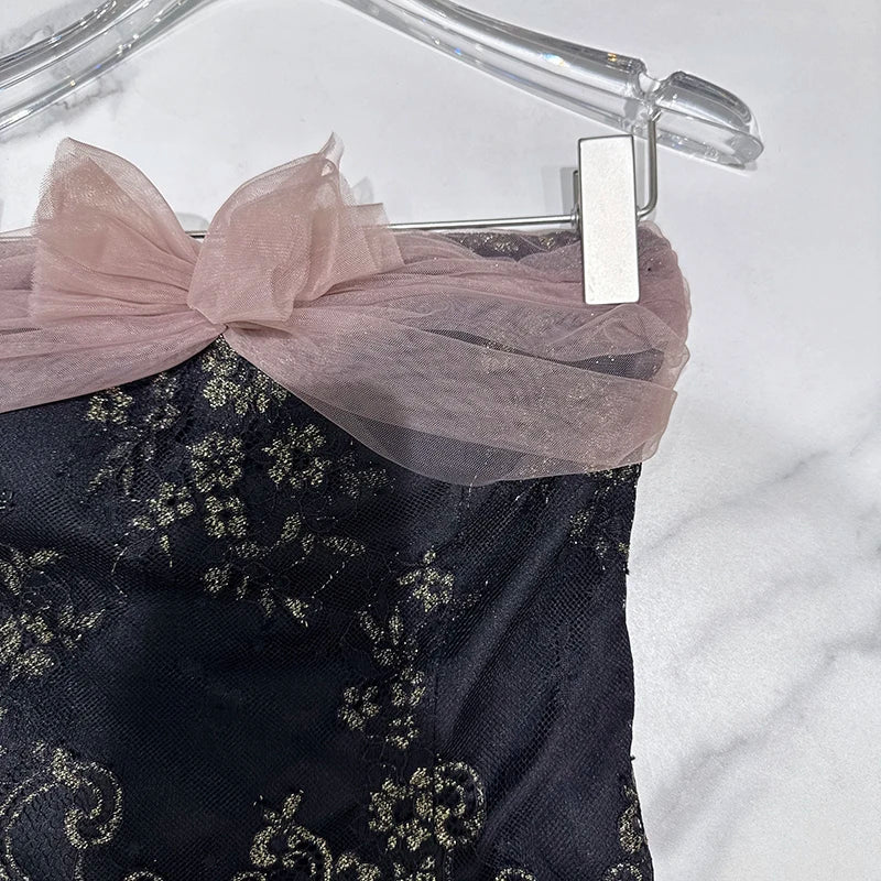 Winter New Fashion Chiffon Bowknot Patchwork Design Fishbone Strapless Vest For Women Backless Tank Tops 11A07939