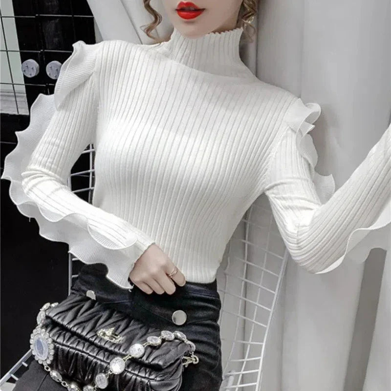 Turtleneck Knitted Ruffles Top For Autumn Winter New Off Shoulder Slim Long Sleeved Base Sweater Korean Fashion Woman Clothes White