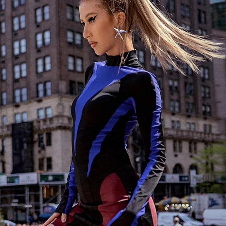 CNYISHE Striped Multicolor Bodycon Sheath Sexy Club Women Dresses Long Sleeve Outfits Half High Collar Hip Wrap Female Vestidos