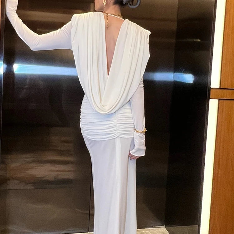 White Swinging Collar Long Dress For Women Ruched High Waist Long Sleeves Slim Elegant Evening Party Gowns