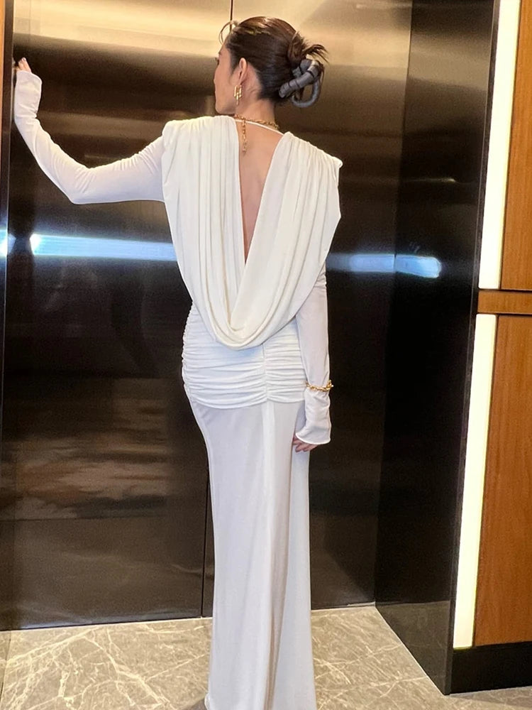 White Swinging Collar Long Dress For Women Ruched High Waist Long Sleeves Slim Elegant Evening Party Gowns