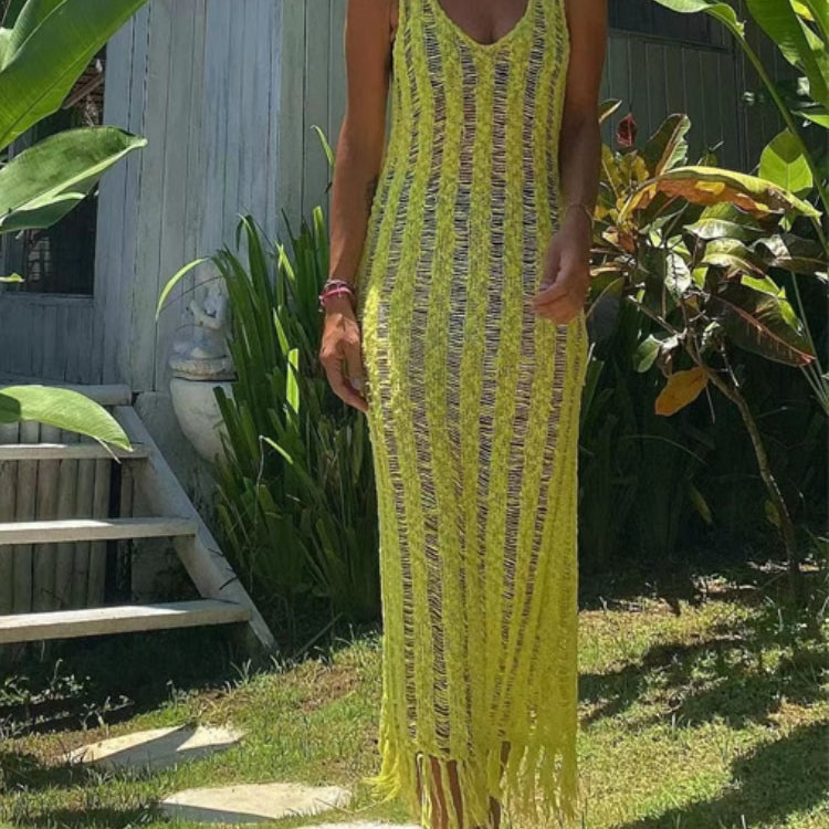 Summer Beach Clothes - Fringe Tassel Knitted Cover Up Cover-ups Beach Wear Sexy Vestidos Hollow Out Robe Long Dress Slit Yellow dress